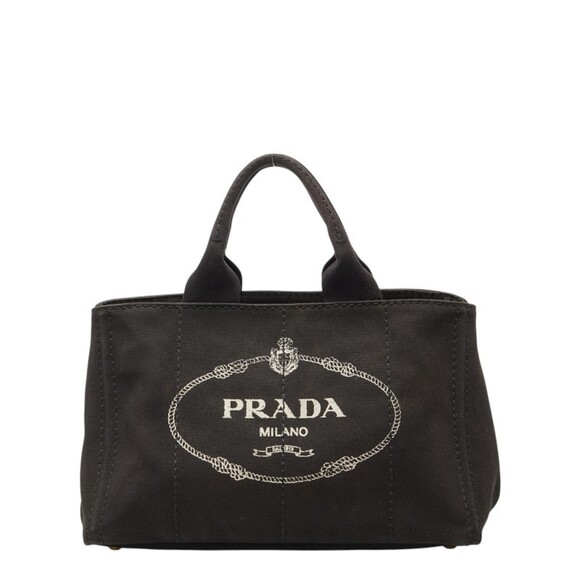 Prada Triangle Logo Plate Canapa M Handbag 1BG642 Black Canvas Women's PRADA